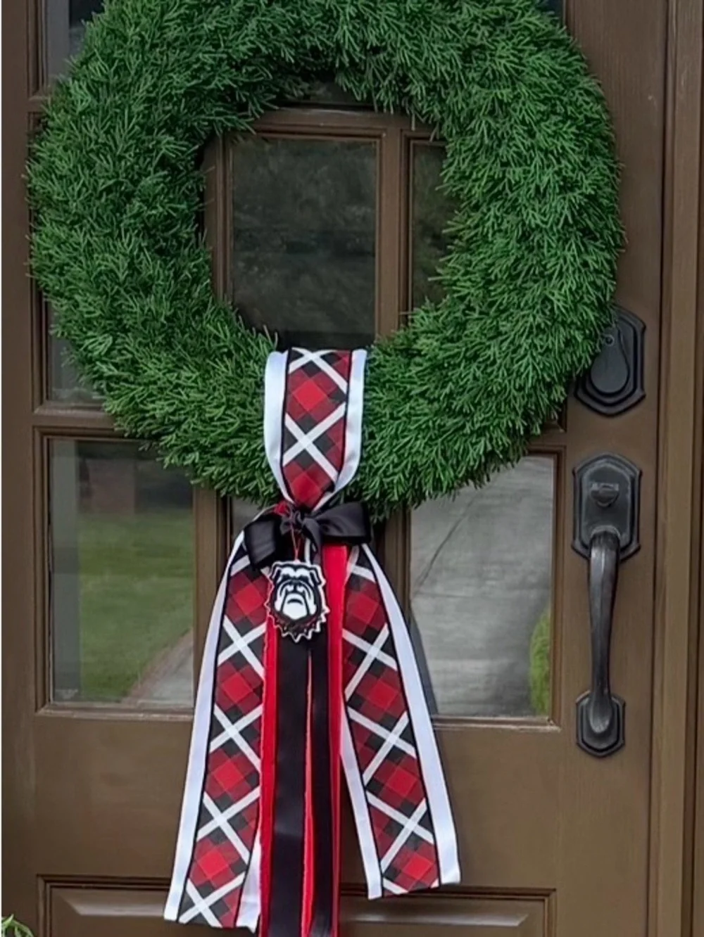 UGA Bulldogs decorated Evergreen Holiday Wreath with Red Plaid Ribbon